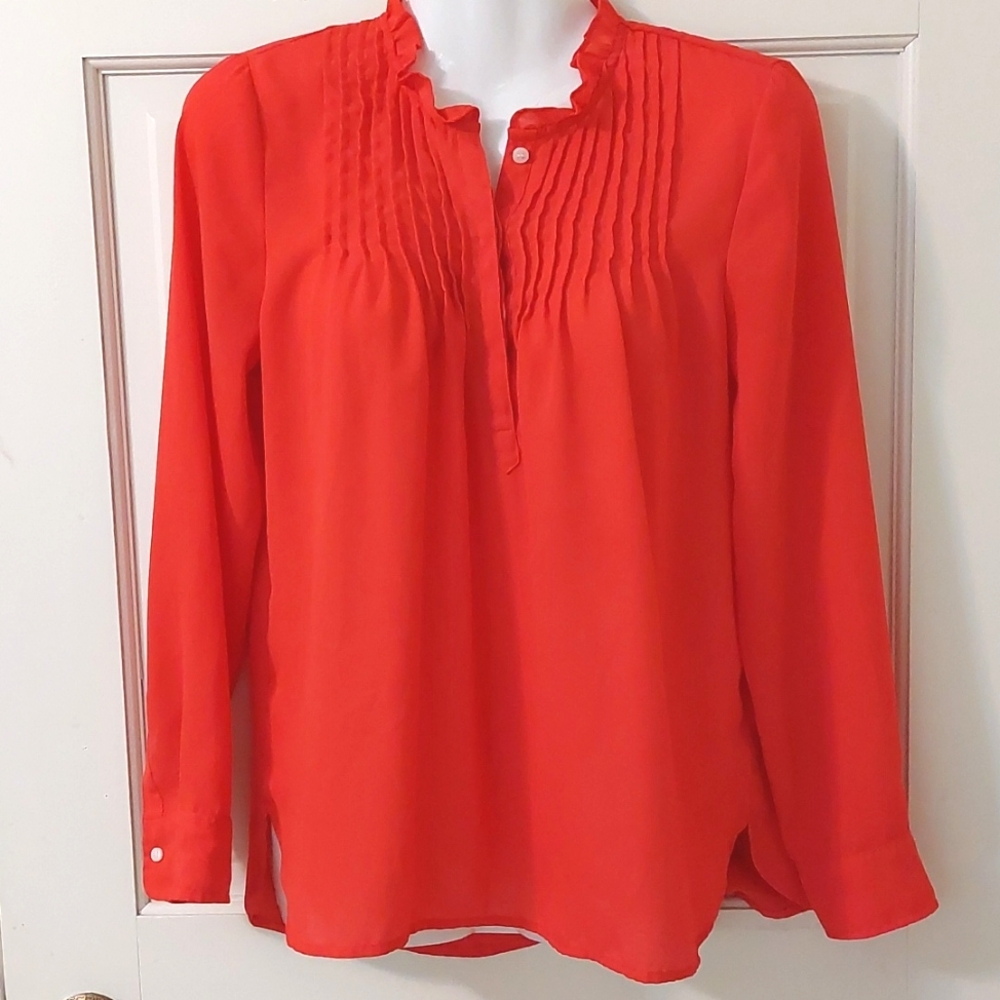 J Crew Mercantile Tomato Red Pleated Yoke Popover Top, Size Small